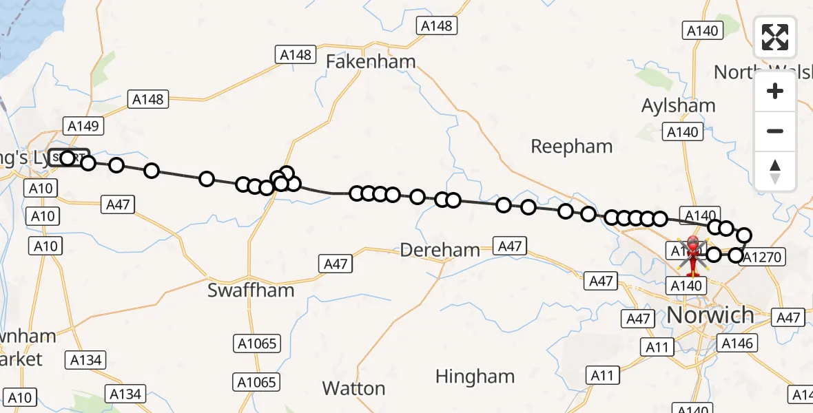 Flight route Air Ambulance Helicopter Queen Elizabeth Hospital - Norwich Airport, 28 August 2026, 13:56