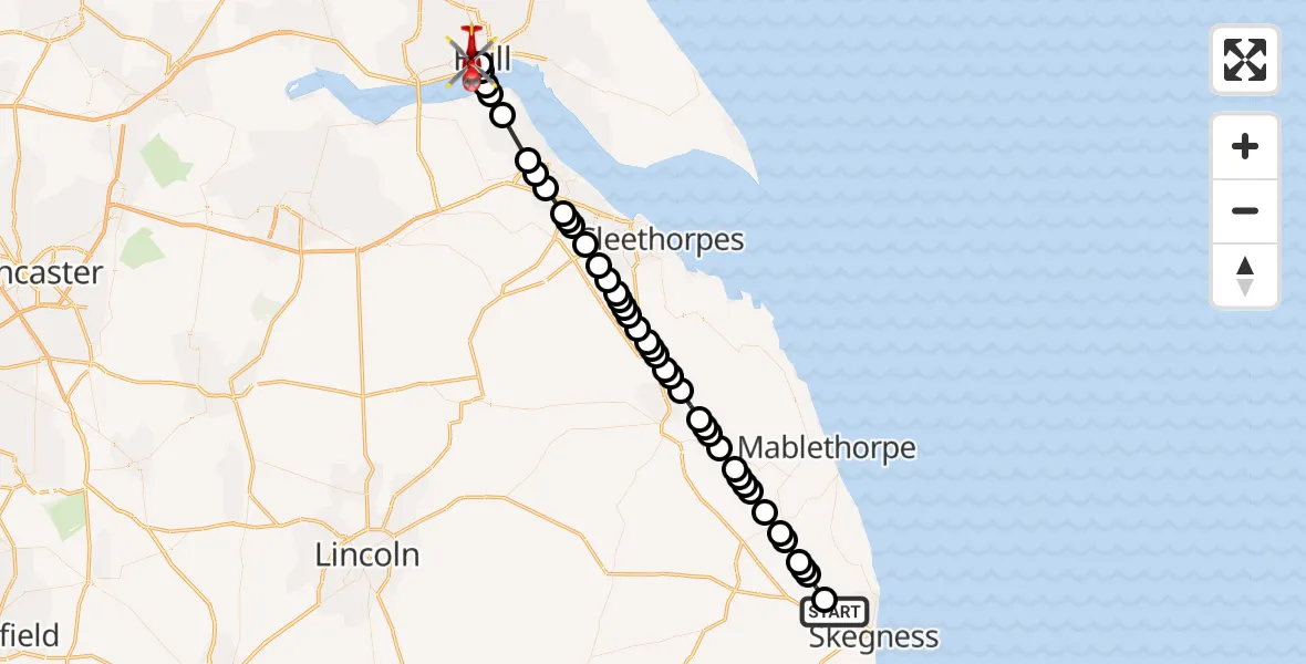 Flight route Air Ambulance Helicopter Burgh Le Marsh - Hull Royal Infirmary, 28 August 2026, 14:00