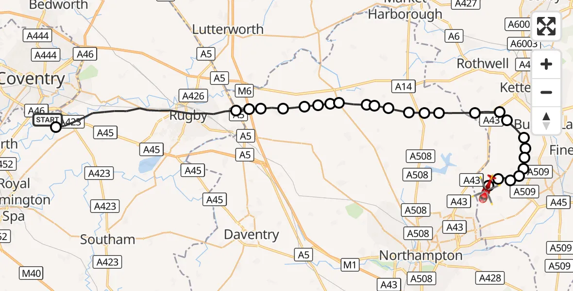 Flight route Air Ambulance Helicopter Coventry Airport - Sywell Aerodrome, 28 August 2026, 14:03