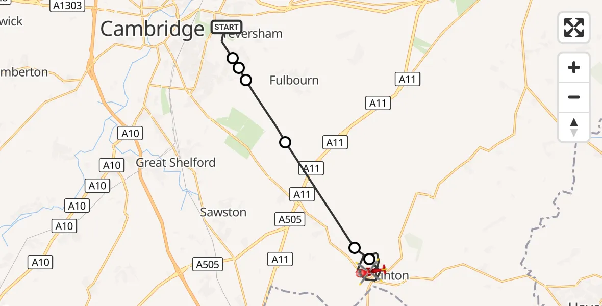 Flight route Air Ambulance Helicopter Cambridge City Airport - Linton, 28 August 2026, 14:18