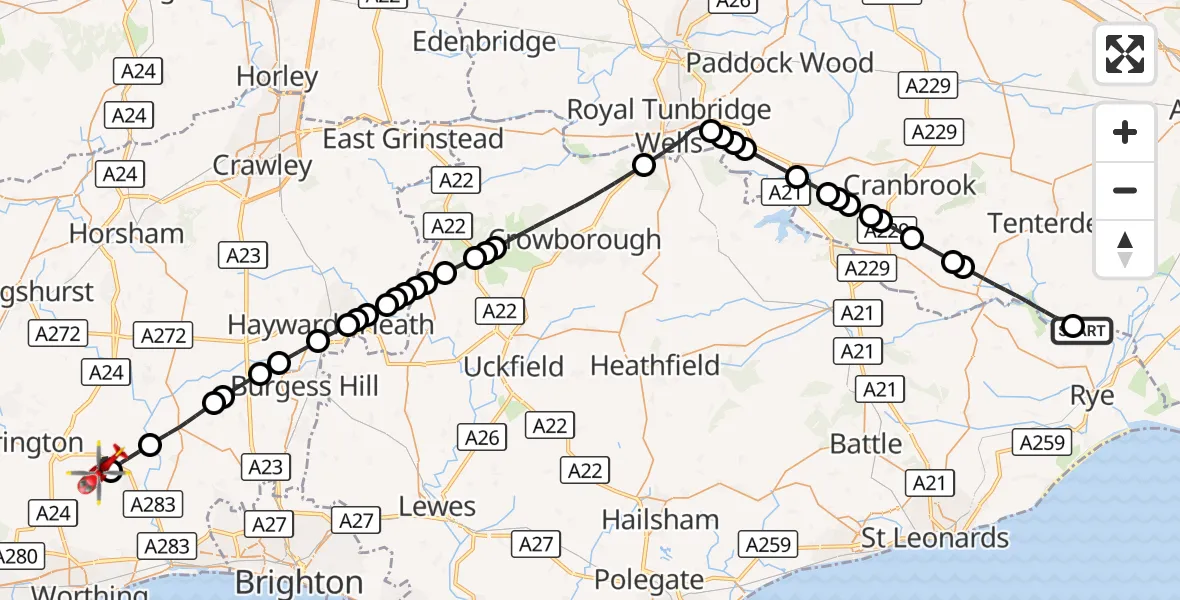 Flight route Air Ambulance Helicopter Rother - Horsham, 28 August 2026, 14:24