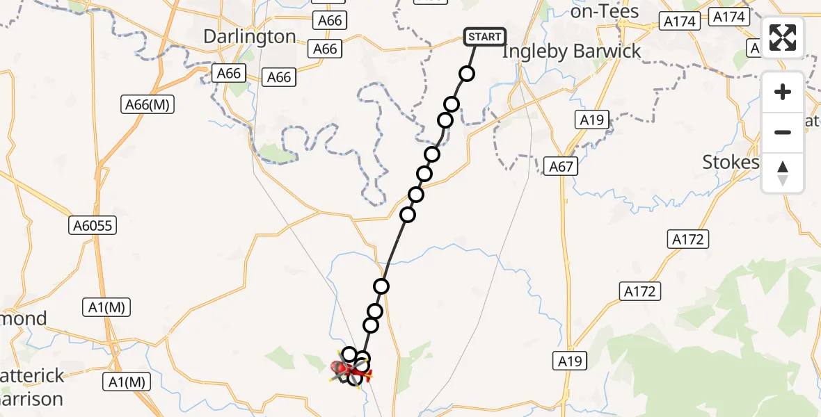 Flight route Air Ambulance Helicopter Egglescliffe - Yafforth, 28 August 2026, 14:31