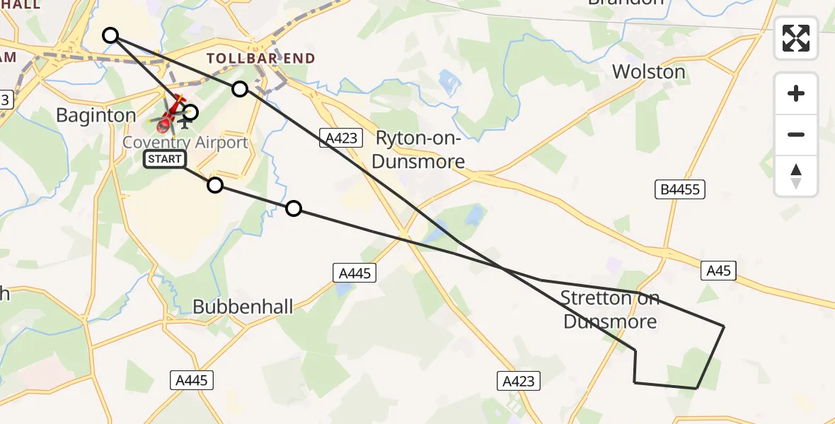 Flight route Air Ambulance Helicopter Coventry Airport - Coventry Airport, 28 August 2026, 14:32