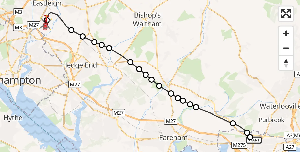 Flight route Air Ambulance Helicopter Queen Alexandra Hospital - Southampton Airport, 28 August 2026, 14:32
