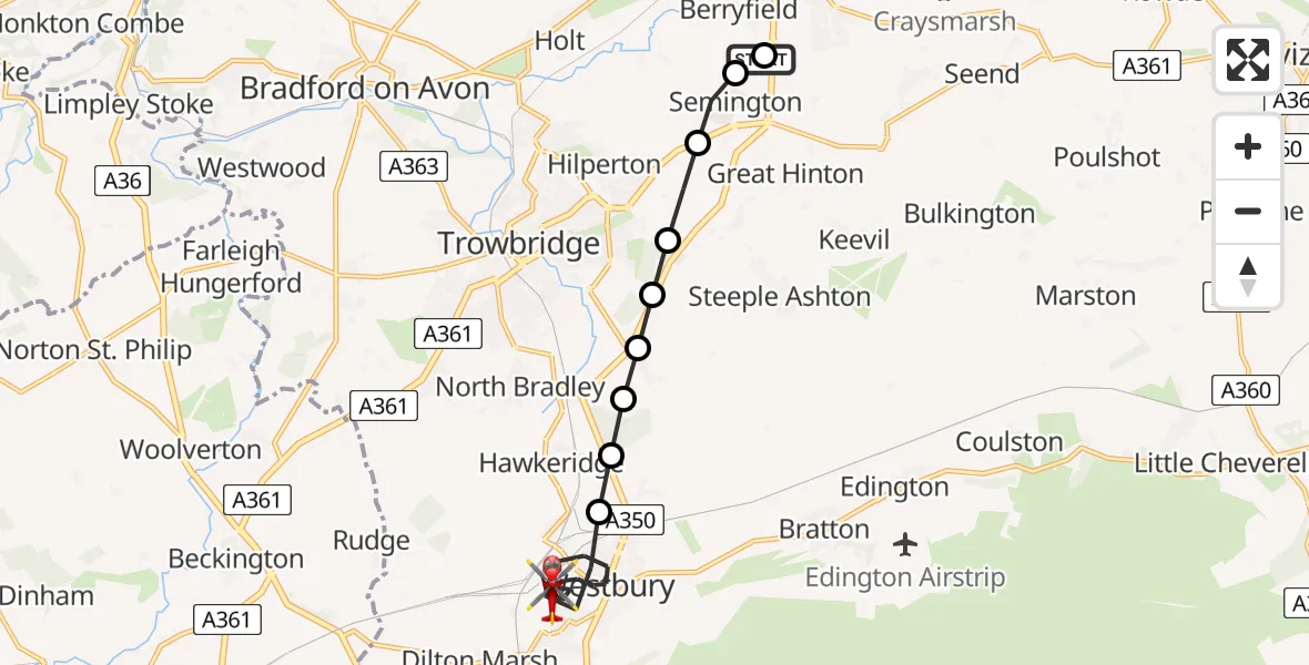 Flight route Air Ambulance Helicopter Wiltshire Air Ambulance - Westbury, 28 August 2026, 14:42
