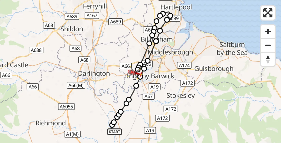 Flight route Air Ambulance Helicopter Danby Wiske - Egglescliffe, 28 August 2026, 14:57