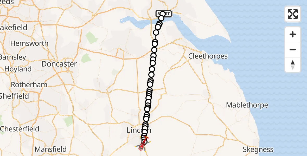 Flight route Air Ambulance Helicopter Hull Royal Infirmary - North Kesteven, 28 August 2026, 14:59