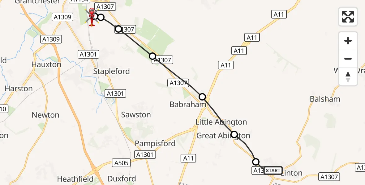 Flight route Air Ambulance Helicopter Linton - Papworth Hospital, 28 August 2026, 15:02