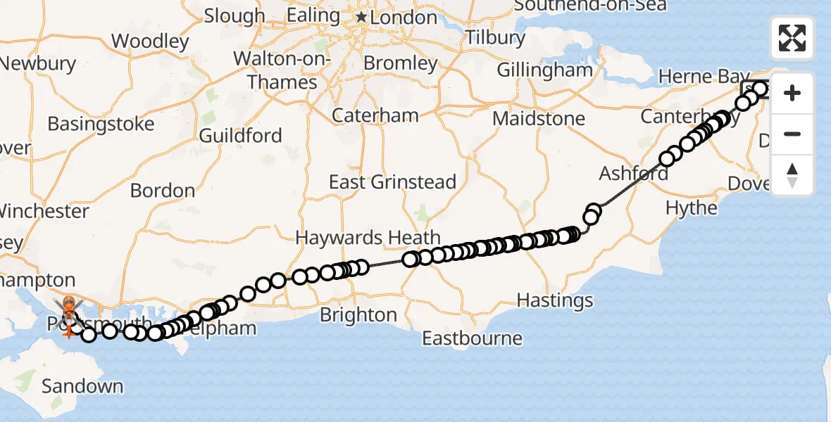 Flight route Coastguard Helicopter Manston Airport - Solent Airport, 28 August 2026, 15:11