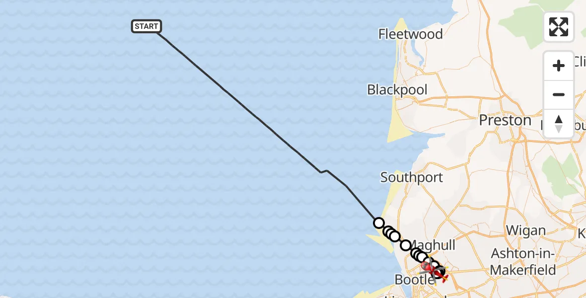 Flight route Air Ambulance Helicopter Irish Sea - Aintree University Hospital Heliport, 28 August 2026, 15:22