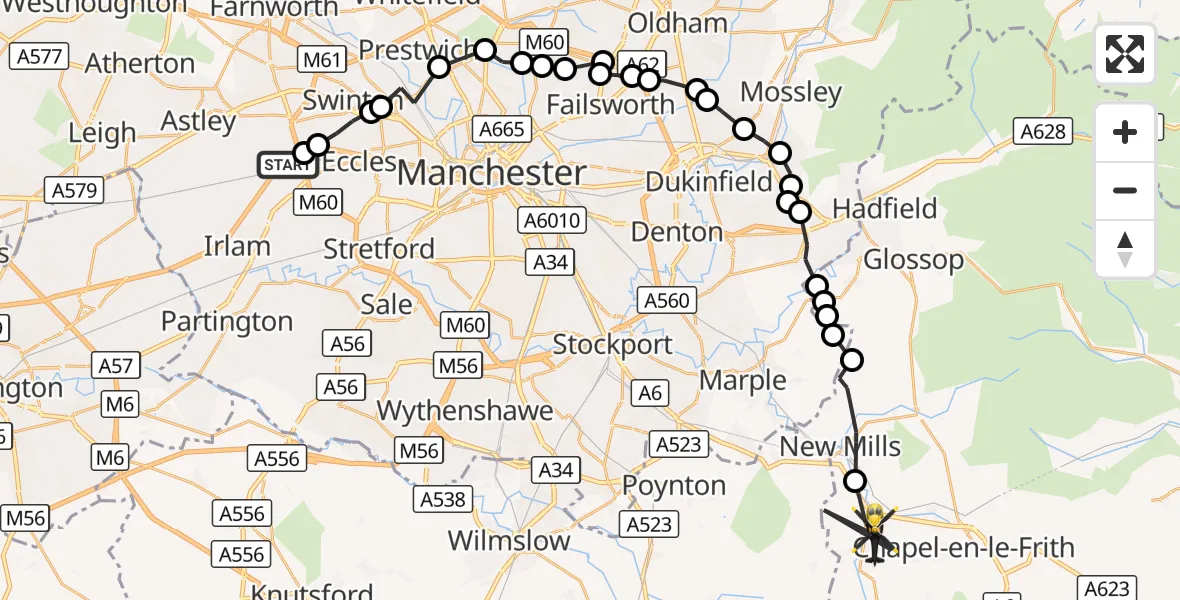 Flight route Police Helicopter Worsley - Whaley Bridge, 28 August 2026, 15:33