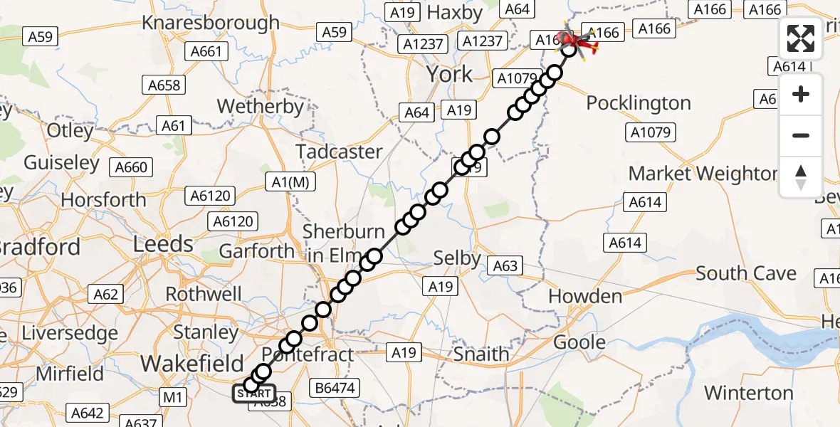 Flight route Air Ambulance Helicopter YAA Nostell Helicopter Port - Full Sutton, 28 August 2026, 15:37