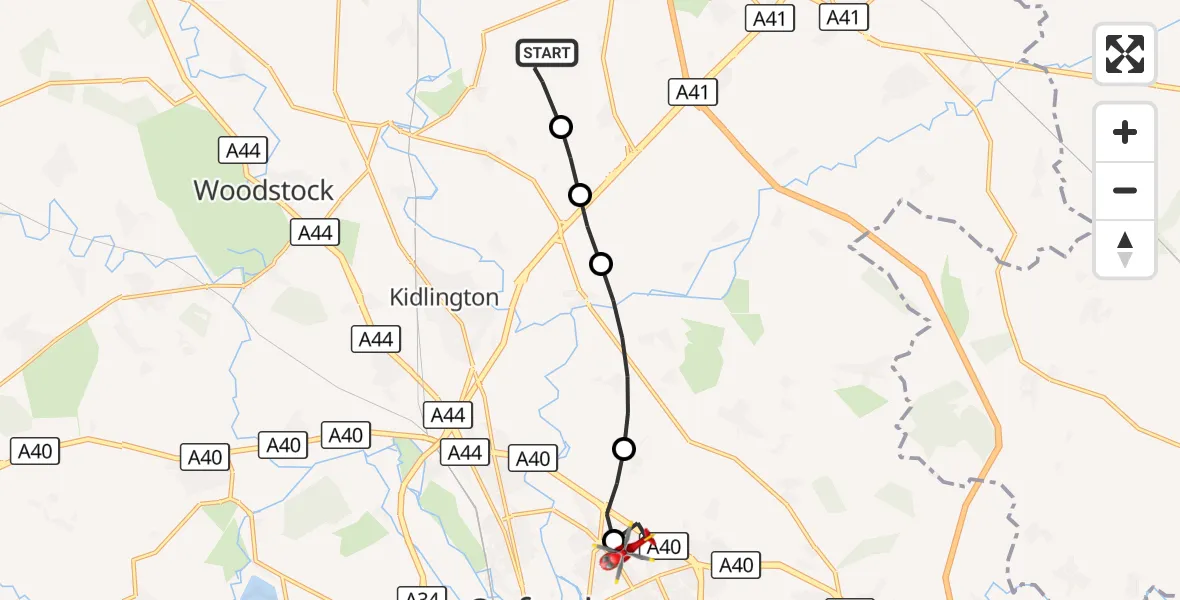 Flight route Air Ambulance Helicopter Kirtlington - Oxford, 28 August 2026, 15:41