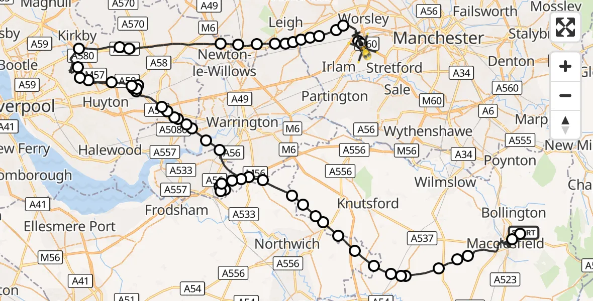 Flight route Police Helicopter Bollington - Eccles, 28 August 2026, 15:55