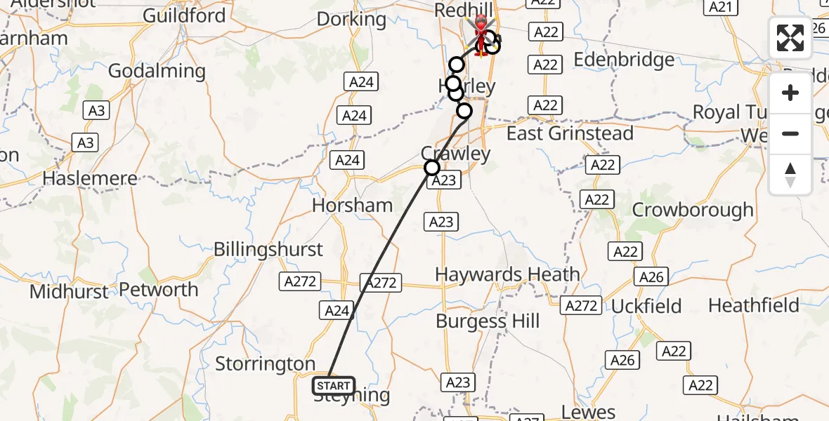 Flight route Air Ambulance Helicopter Horsham - Redhill Aerodrome, 28 August 2026, 16:12