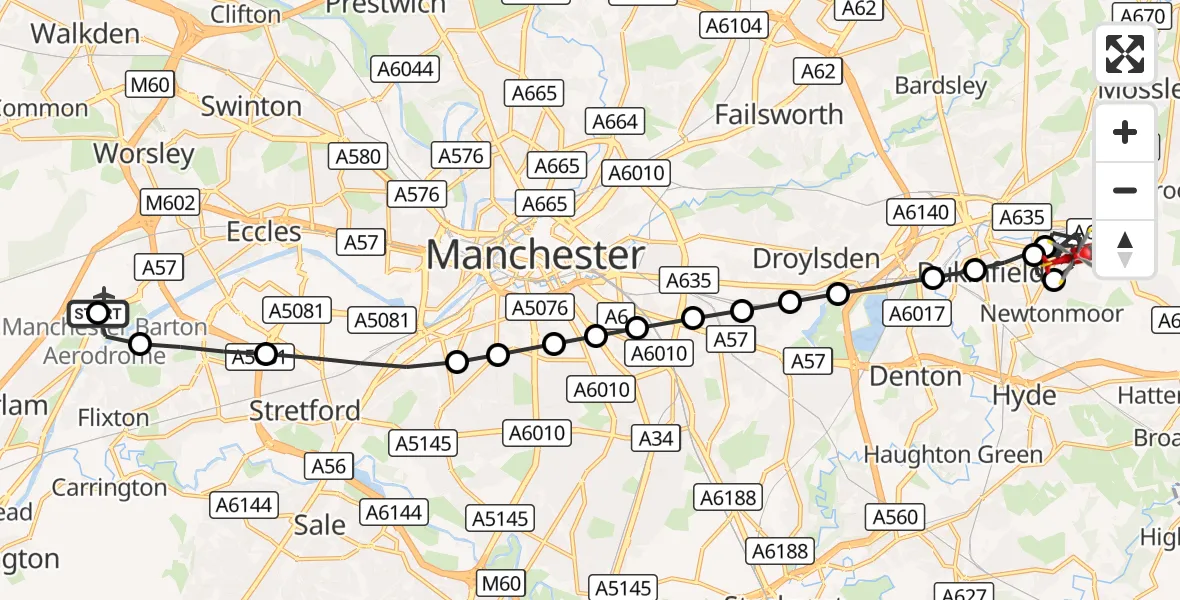Flight route Air Ambulance Helicopter Manchester Barton Aerodrome - Stalybridge, 28 August 2026, 16:22