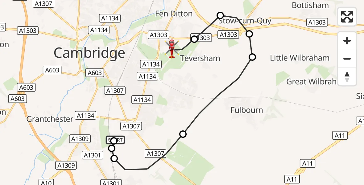 Flight route Air Ambulance Helicopter Papworth Hospital - Cambridge City Airport, 28 August 2026, 16:23