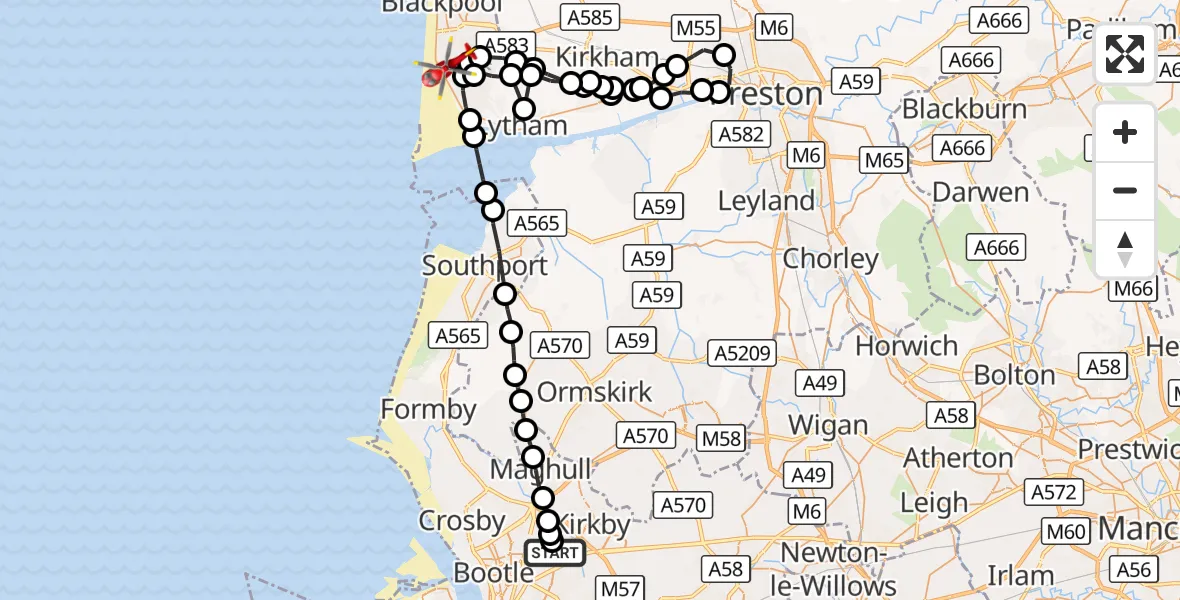 Flight route Air Ambulance Helicopter Aintree University Hospital Heliport - Blackpool Airport, 28 August 2026, 16:25