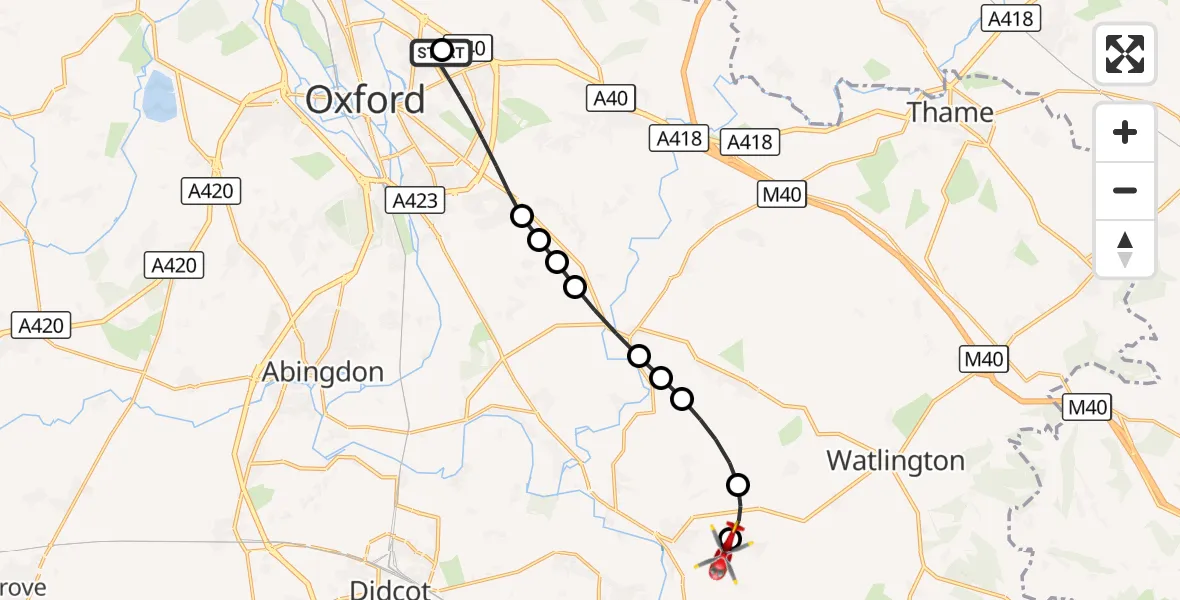 Flight route Air Ambulance Helicopter John Radcliffe Hospital - RAF Benson, 28 August 2026, 16:29