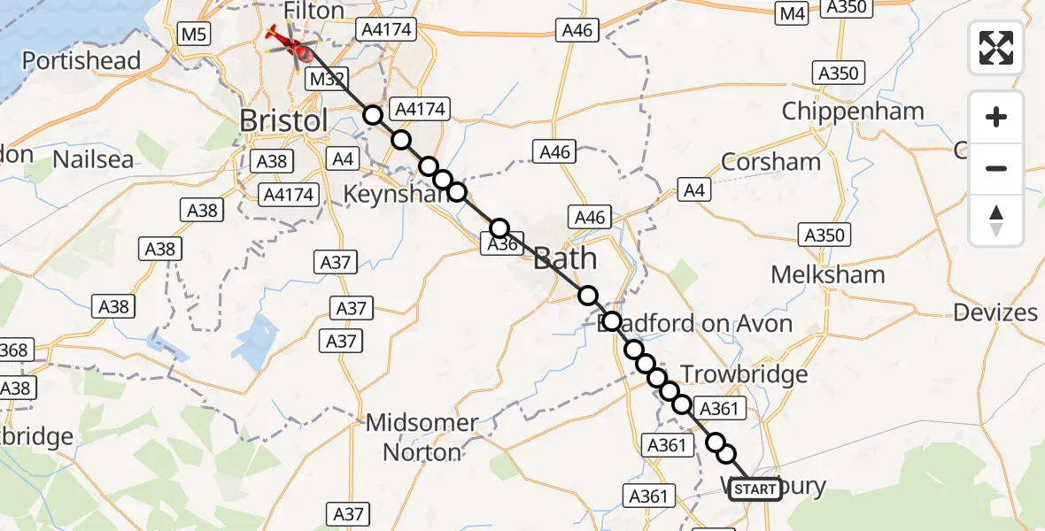 Flight route Air Ambulance Helicopter Westbury - Bristol, 28 August 2026, 16:36