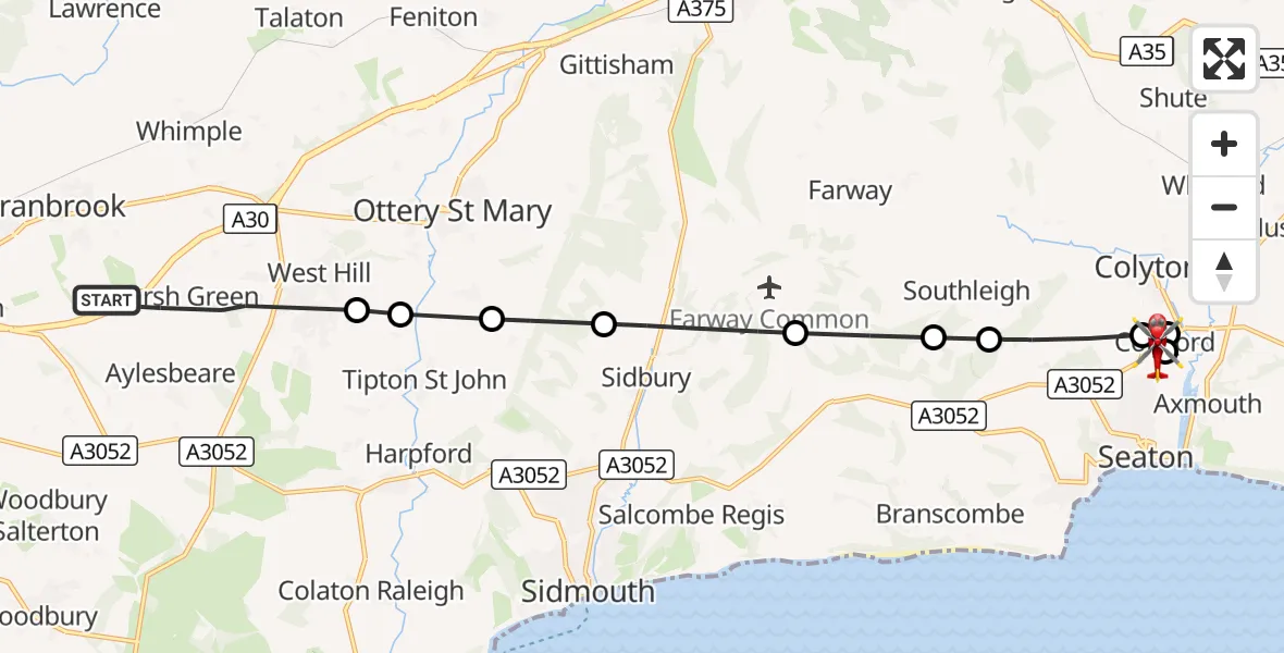 Flight route Air Ambulance Helicopter Rockbeare - Seaton, 28 August 2026, 16:51