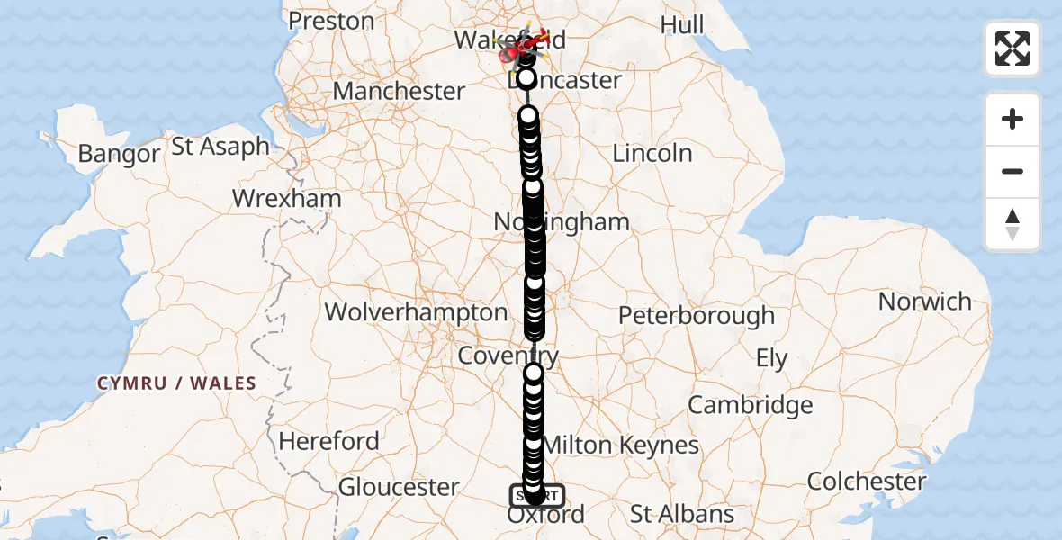 Flight route Air Ambulance Helicopter London Oxford Airport - YAA Nostell Helicopter Port, 28 August 2026, 16:57
