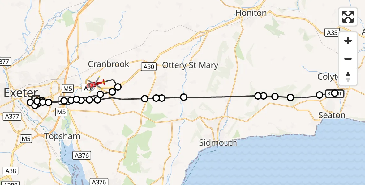 Flight route Air Ambulance Helicopter Colyford - Exeter International Airport, 28 August 2026, 17:05