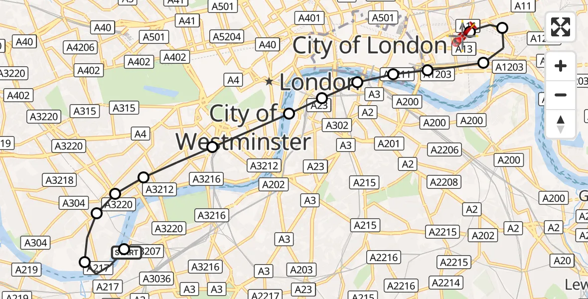Flight route Air Ambulance Helicopter London Heliport - Royal London Hospital, 28 August 2026, 17:08