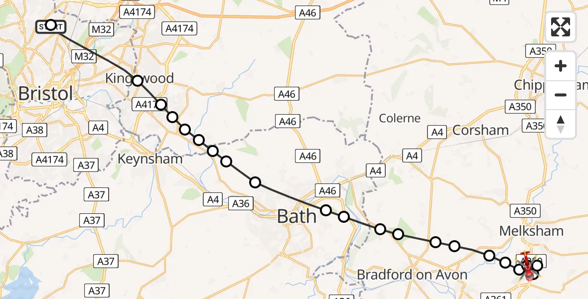 Flight route Air Ambulance Helicopter Southmead Hospital - Wiltshire Air Ambulance, 28 August 2026, 17:27
