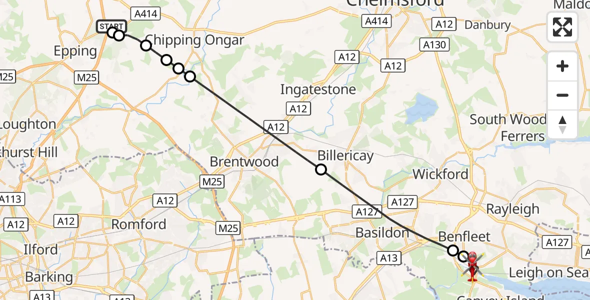 Flight route Air Ambulance Helicopter North Weald Airfield - South Benfleet, 28 August 2026, 17:33