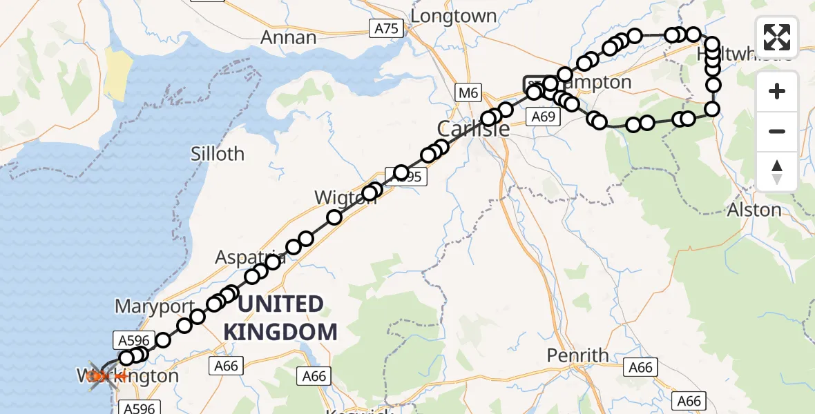 Flight route Coastguard Helicopter Carlisle Lake District Airport - Workington, 28 August 2026, 17:49