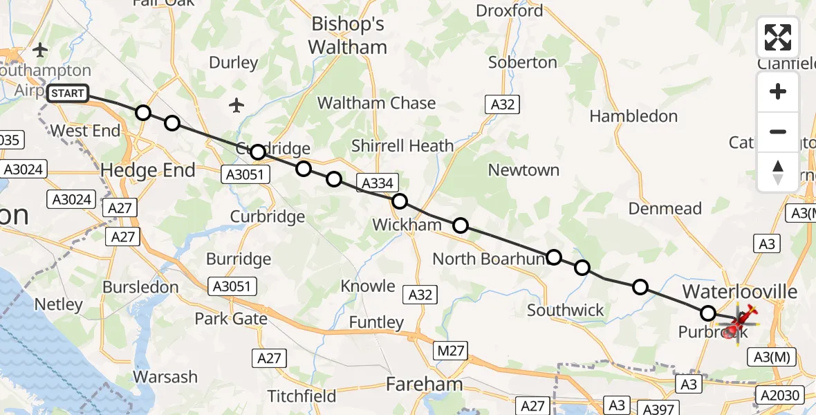 Flight route Air Ambulance Helicopter Eastleigh - Havant, 28 August 2026, 17:55
