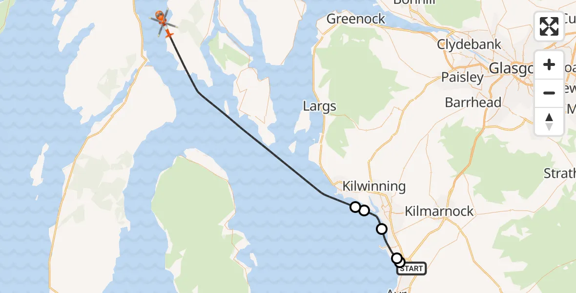 Flight route Coastguard Helicopter Glasgow Prestwick Airport - Inner Seas, 28 August 2026, 18:01
