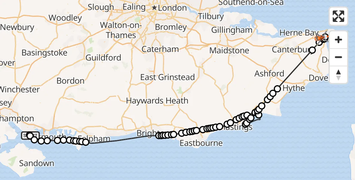 Flight route Coastguard Helicopter Solent Airport - Manston Airport, 28 August 2026, 18:02