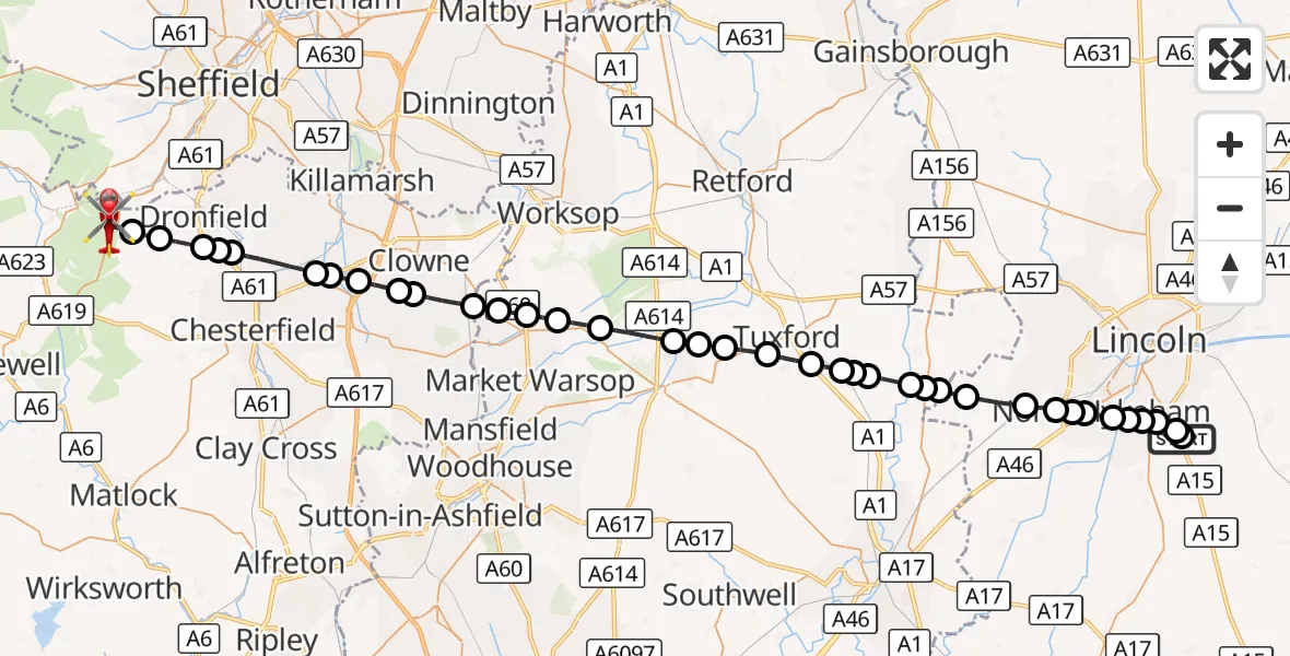 Flight route Air Ambulance Helicopter RAF Waddington - North East Derbyshire, 28 August 2026, 18:07