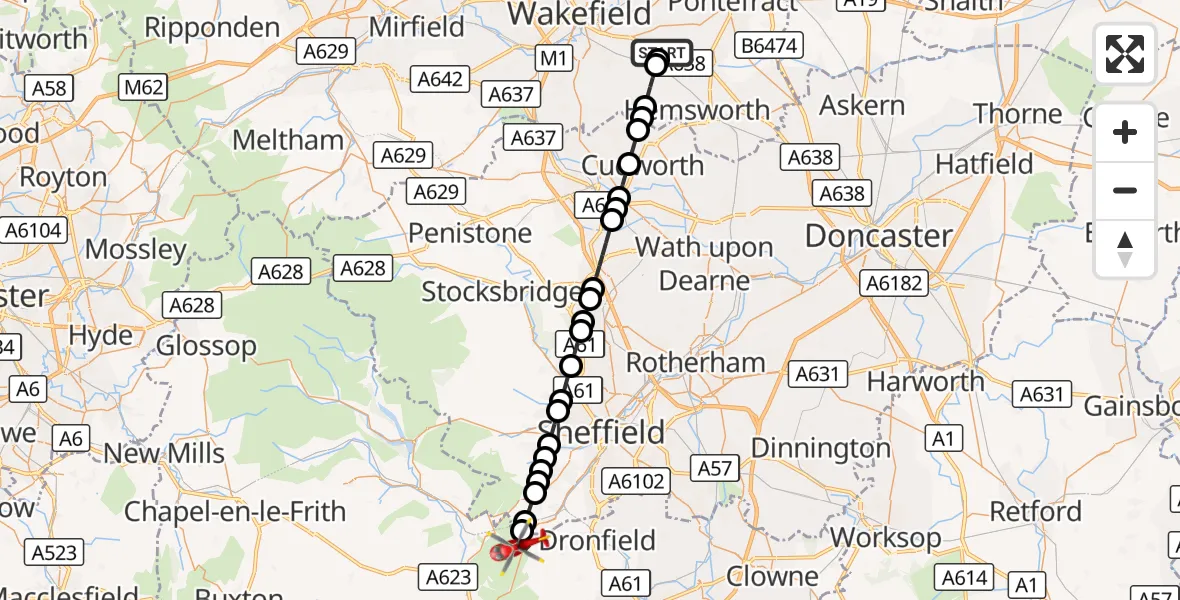 Flight route Air Ambulance Helicopter YAA Nostell Helicopter Port - North East Derbyshire, 28 August 2026, 18:10