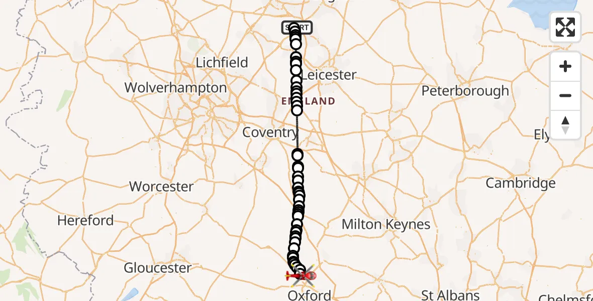 Flight route Air Ambulance Helicopter East Midlands Airport - London Oxford Airport, 28 August 2026, 18:22