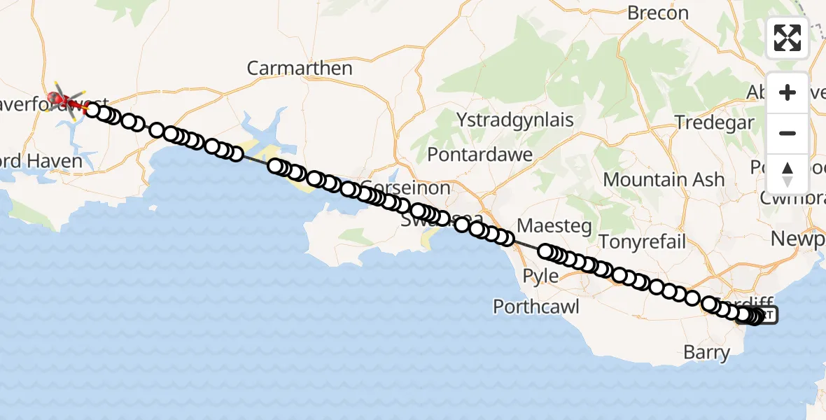 Flight route Air Ambulance Helicopter Cardiff Heliport - Uzmaston, Boulston and Slebech, 28 August 2026, 18:22