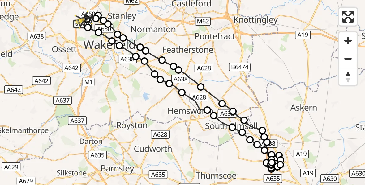 Flight route Police Helicopter Wrenthorpe - Ossett, 28 August 2026, 18:36