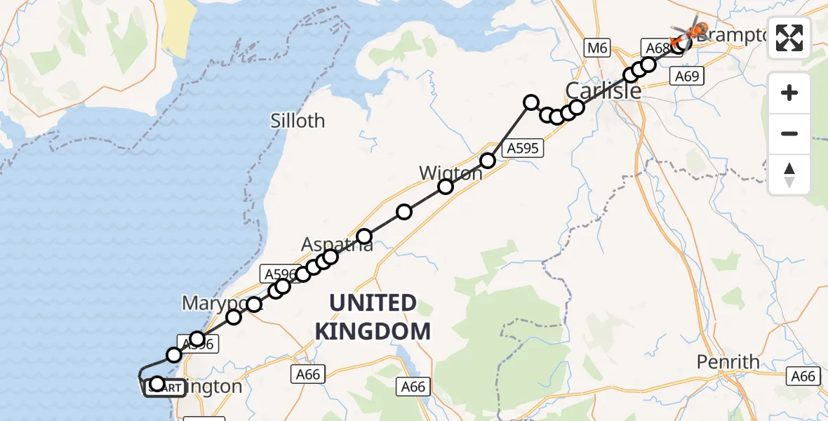 Flight route Coastguard Helicopter Workington - Carlisle Lake District Airport, 28 August 2026, 18:35