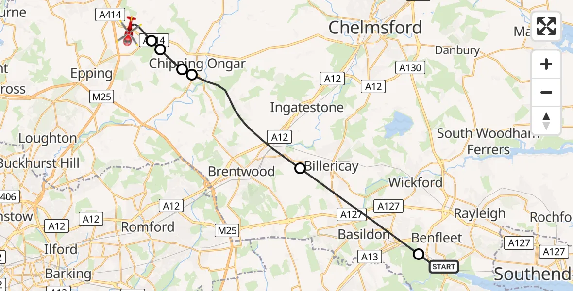 Flight route Air Ambulance Helicopter South Benfleet - North Weald Bassett, 28 August 2026, 18:47