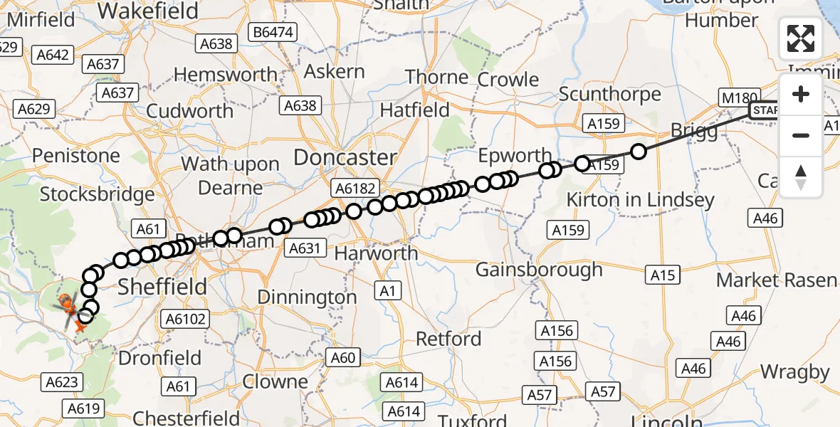 Flight route Coastguard Helicopter Humberside Airport - Hathersage, 28 August 2026, 19:00