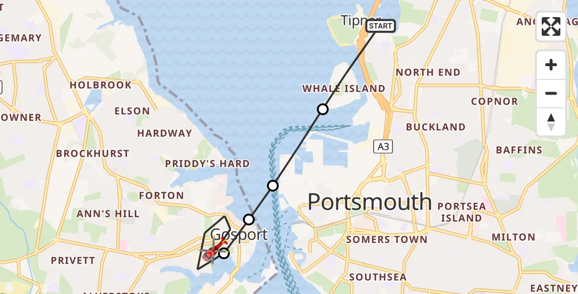 Flight route Air Ambulance Helicopter Tipner - Gosport, 28 August 2026, 19:06