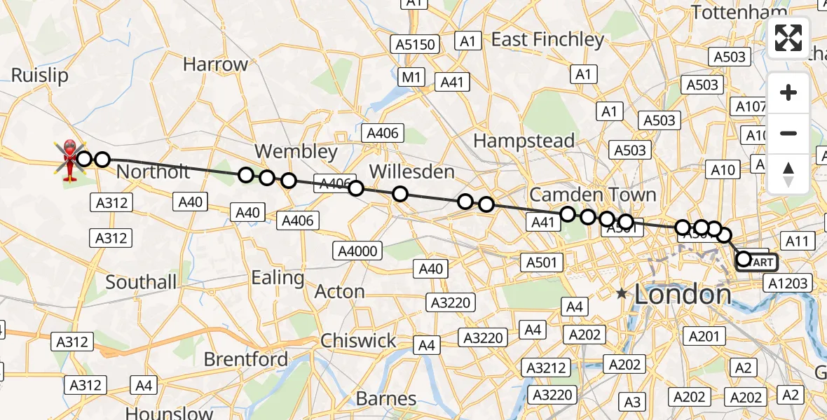 Flight route Air Ambulance Helicopter Royal London Hospital - RAF Northolt, 28 August 2026, 19:06