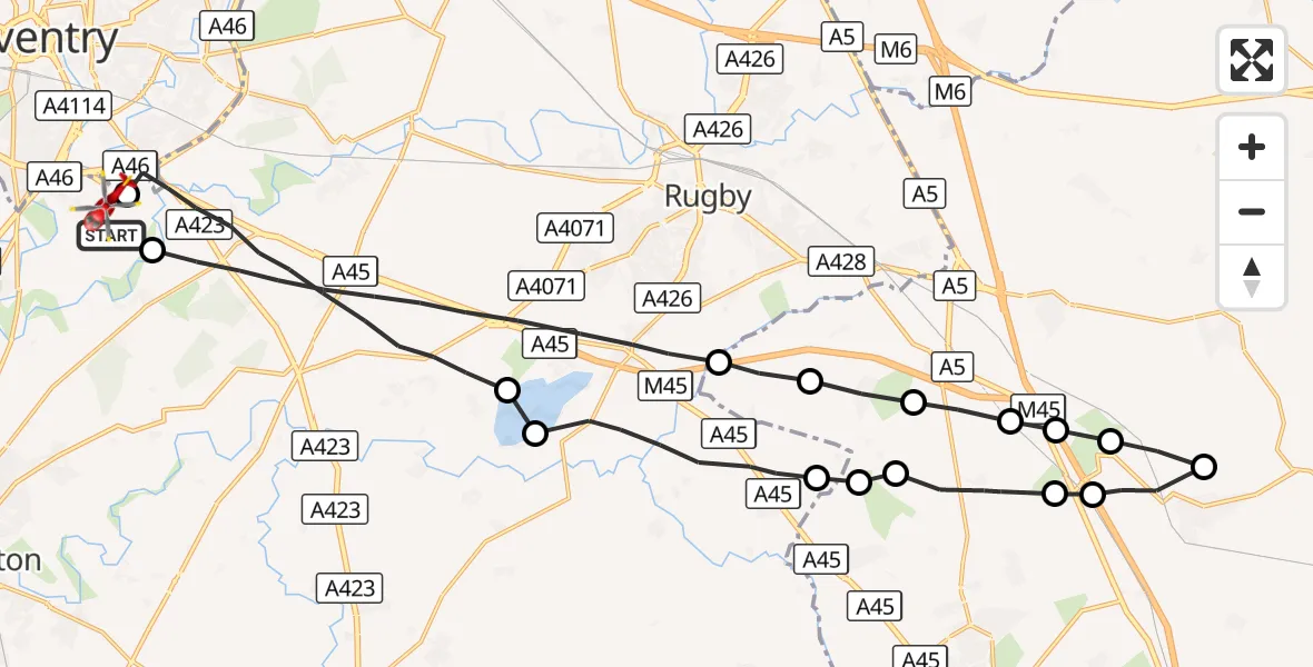 Flight route Air Ambulance Helicopter Coventry Airport - Coventry Airport, 28 August 2026, 19:07