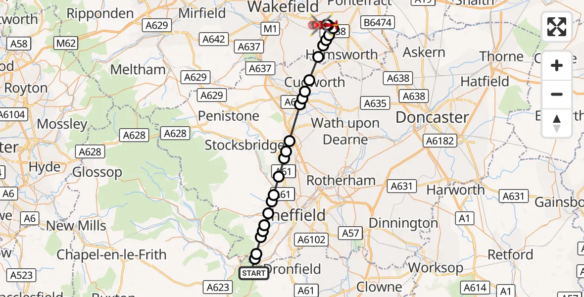 Flight route Air Ambulance Helicopter North East Derbyshire - YAA Nostell Helicopter Port, 28 August 2026, 19:13