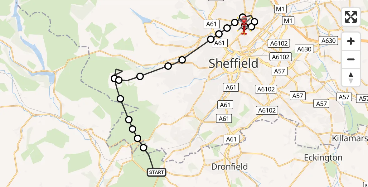 Flight route Air Ambulance Helicopter North East Derbyshire - Sheffield Northern Hospital, 28 August 2026, 19:23