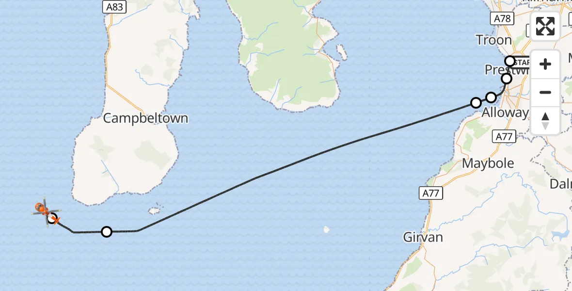 Flight route Coastguard Helicopter Glasgow Prestwick Airport - Inner Seas, 28 August 2026, 19:40