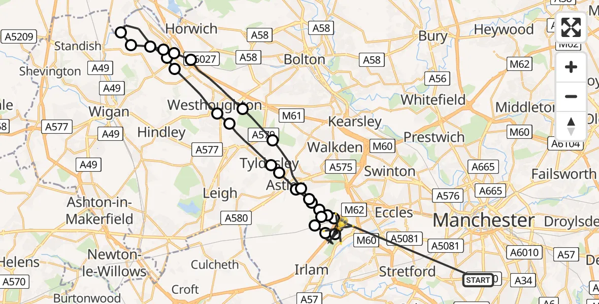 Flight route Police Helicopter Whalley Range - Irlam, 28 August 2026, 19:50