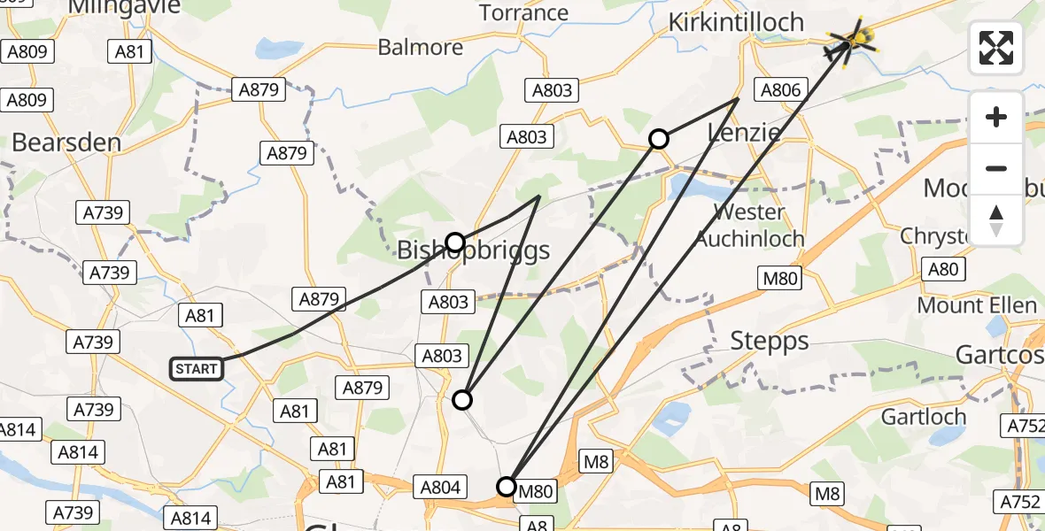 Flight route Police Helicopter Glasgow - Lenzie, 28 August 2026, 19:56